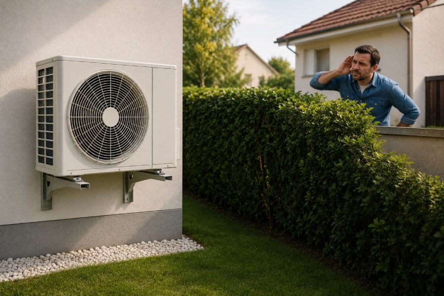 Bruit d'une climatisation : réglementation et distance avec le voisinage Unité extérieure de climatisation installée sur la façade d'une maison, avec un voisin à proximité illustrant les questions de nuisance sonore et de distance entre habitations.