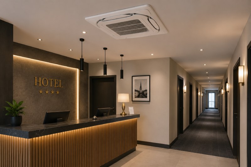 Climatisation cassette réception hôtel Paris Climatisation cassette encastrée dans la réception et les couloirs d'un hôtel à Paris assurant le confort thermique des clients