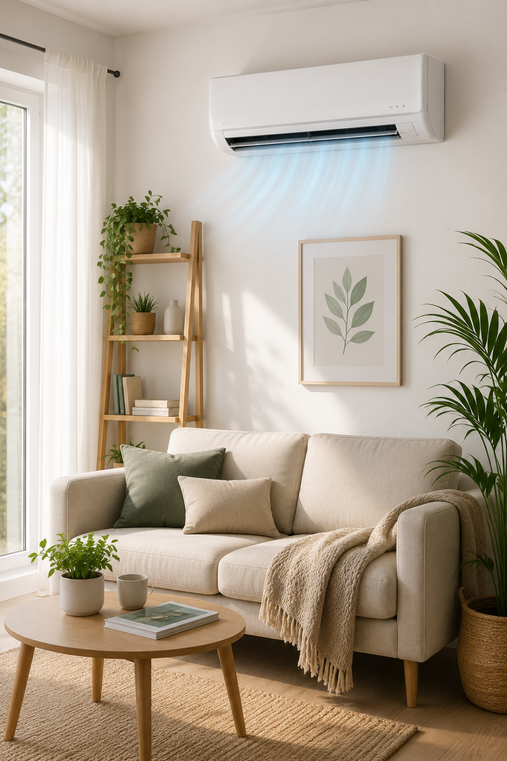 Climatisation murale r&eacute;versible install&eacute;e dans un salon pour illustrer la consommation &eacute;lectrique quotidienne d'un climatiseur