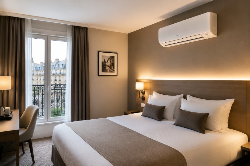 Installation climatisation chambre d'hôtel Paris Climatisation murale réversible installée dans une chambre d'hôtel à Paris pour le confort des clients