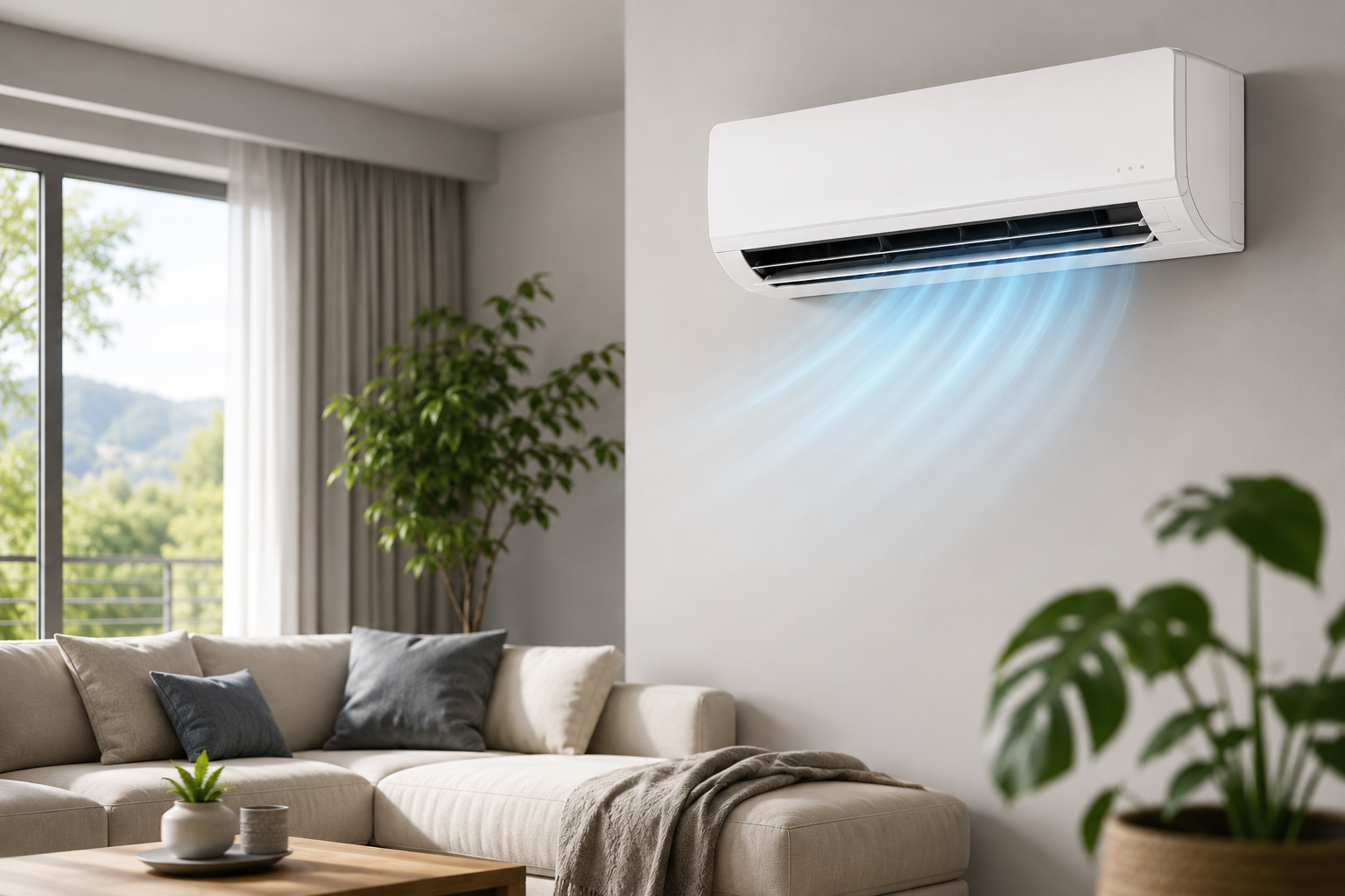 Unit&eacute; int&eacute;rieure de climatisation r&eacute;versible soufflant de l'air frais dans un salon lumineux et contemporain