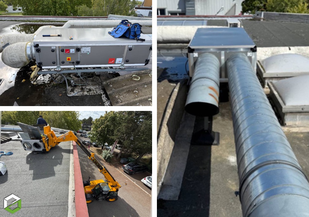 Remplacement CTA Zehnder Val-d’Oise Nouvelle centrale de traitement d’air CTA Zehnder installée en toiture dans le Val-d’Oise