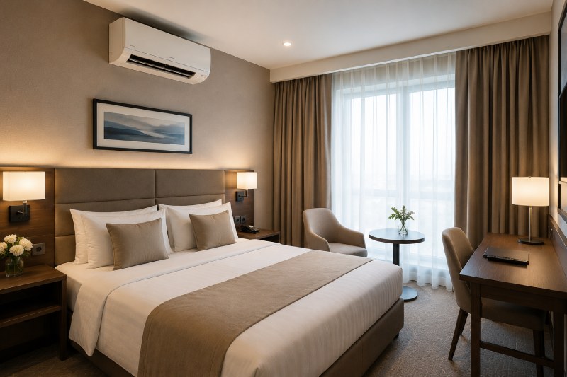 Climatisation dans une chambre d’hôtel moderne Chambre d’hôtel moderne équipée d’une climatisation murale pour assurer le confort thermique des clients.