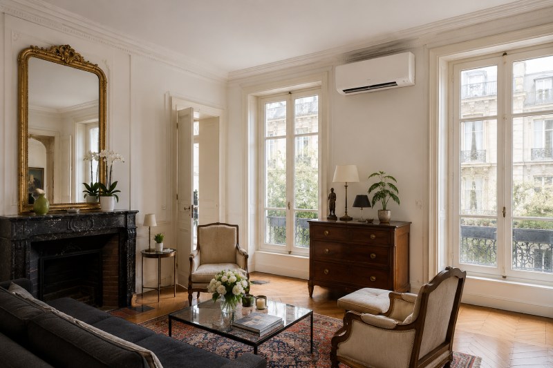 Salon d&rsquo;une maison ancienne &agrave; Saint-Germain-en-Laye &eacute;quip&eacute; d&rsquo;une climatisation murale, avec moulures, parquet ancien et chemin&eacute;e en marbre.