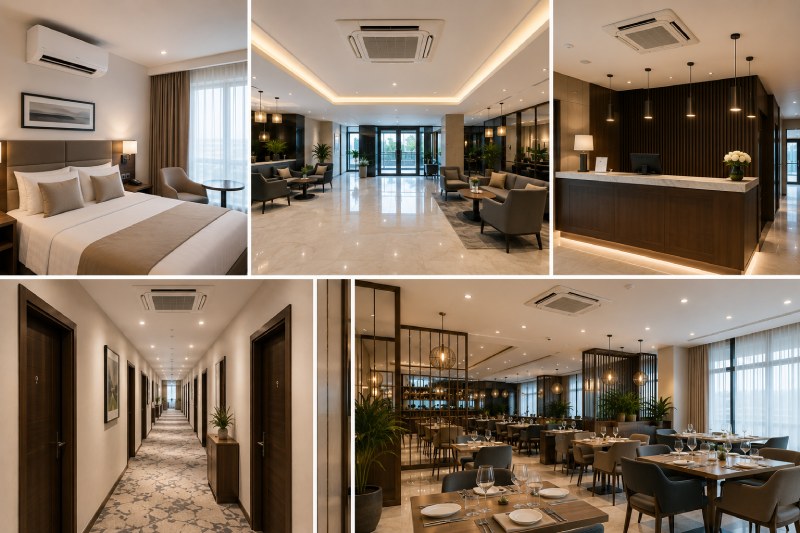 Installation de climatisation dans un hôtel : chambres, lobby, réception et restaurant Vue des différents espaces d’un hôtel équipés de systèmes de climatisation performants : chambres, lobby, réception, couloirs et restaurant après installation et remplacement des climatiseurs.